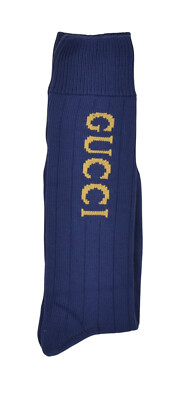 Authentic Men's Gucci Intarsia Knit Cotton Long Logo Socks 732697