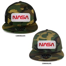 NASA Worm Red Text Embroidered Patch Snapback Camo Trucker Mesh Cap