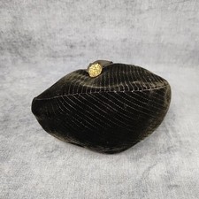 Antique Le Charme Women's Black Pinstripe Velvet Beret w/Ribbon Hat 1950s