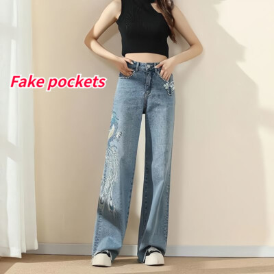 Damen Wide Leg Jeanshose Phoenix bestickt Jeans Hose High Waist