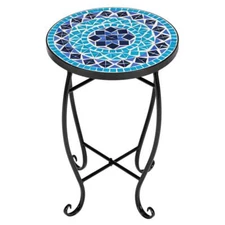Indoor Outdoor Side Table with Mosaics Top Metal Frame Base , Circle End Table