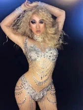 Drag Show Crystal Rhinestone Full Bodysuit Nude Mesh Illusion –One Piece Costume