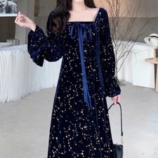 Ladies Velvet Long Princess Dress Shiny Star Velour Long Puff Sleeve Square Neck