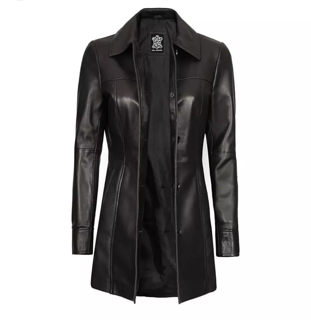 Black Women's Real Lambskin Leather Coat Five Button Trench Blazer Coat Jacket