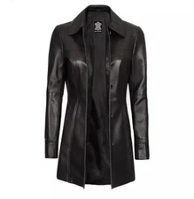 Black Women's Real Lambskin Leather Coat Five Button Trench Blazer Coat Jacket