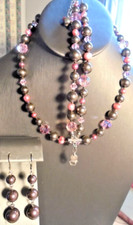 Emily Ray (signiert) multifacettenfarbene rosa & graue Kristalle Halskette & Armband & Ohrring
