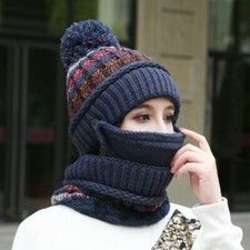 3PCS Women Beanie Cap Knitted Braided Hat Set Ski Warm with Scarf Mask Winter