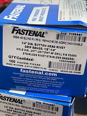 Fastenal Stainless Steel Pop Rivets 1/4'' Button Head Quantity 100 New in Box