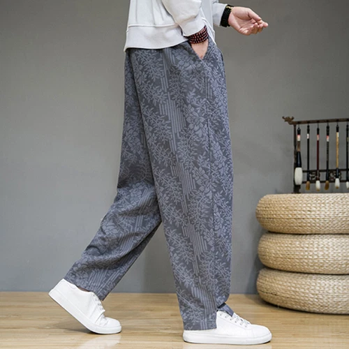 Men Linen Blend Floral Joggers Pants Ethnic Casual Elastic Waist Long Trousers - Picture 8 of 17