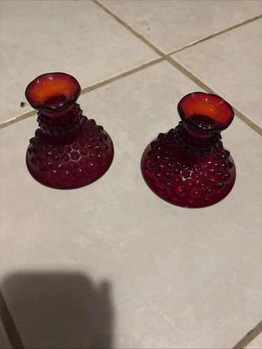 VTG Set of 2 Fenton Ruby Red Amberina Hobnail Glass Candlestick Holders