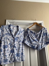 Joyspun Women's Dreamy Soft Notch Collar Top and Shorts Pajama Set Blue XL