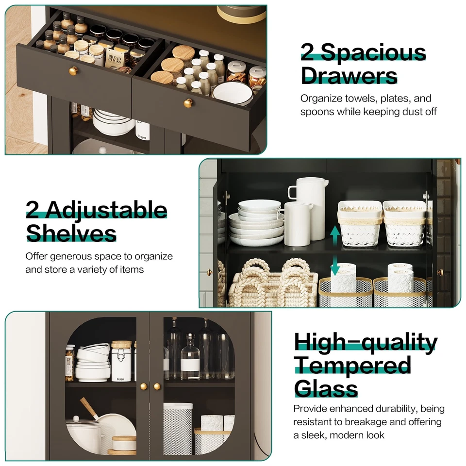 71" Kitchen Pantry Storage Cabinet with Glass Doors LED Light and Power Outlet - Image 4 of 4