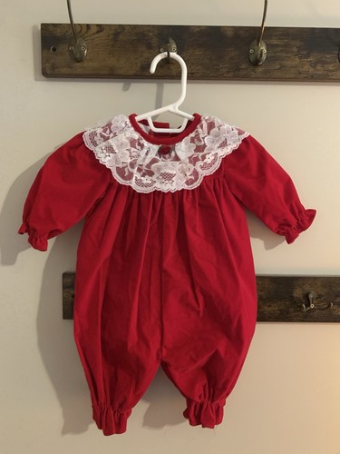 Vintage Baby Infant Christmas Long Romper Red Lace 0-6 Months