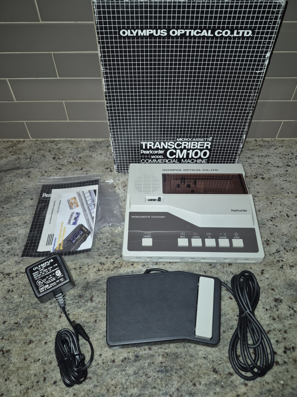 Olympus Pearlcorder CM100 Microcassette Transcriber + RS12 Foot Switch w/ Box