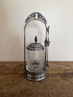 Antique Ornate Pickle Crystal Canister With Tongs