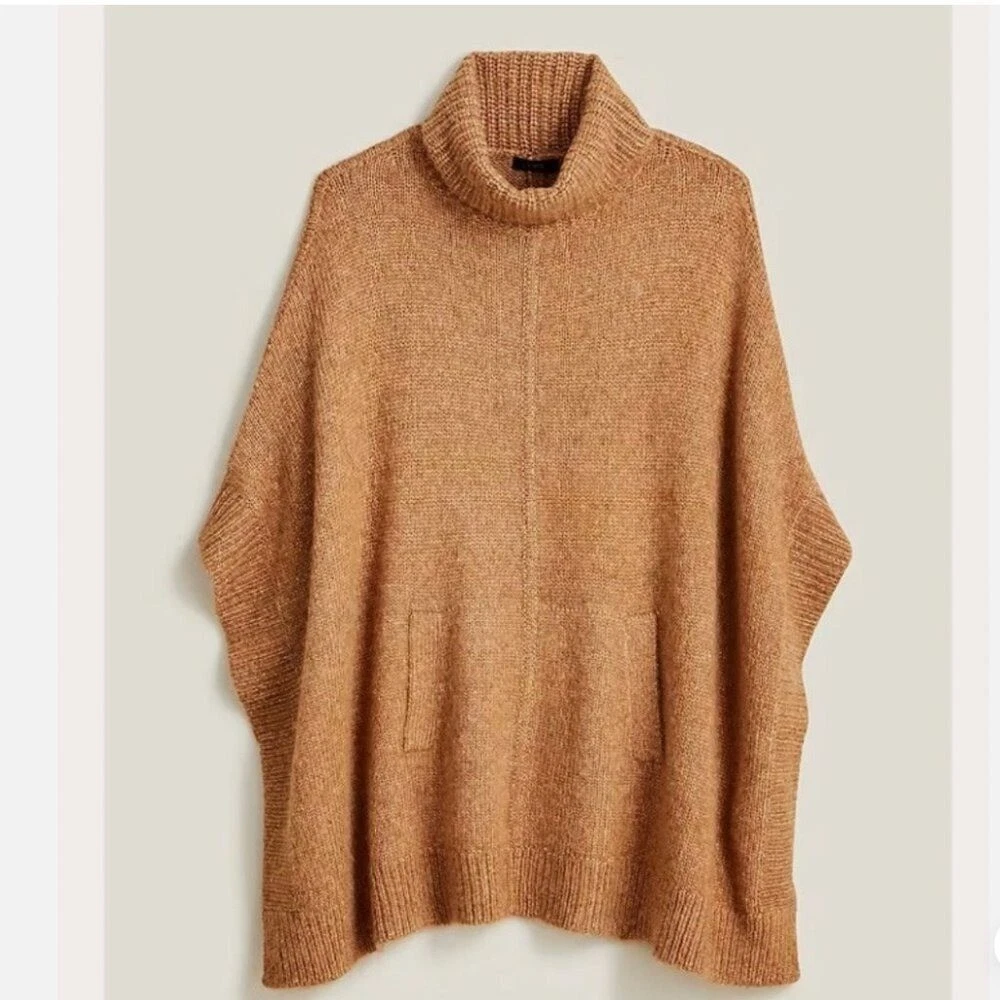 Turtleneck Poncho Sweater Camel Brown Merino Wool Alpaca Blend Oversized Knit