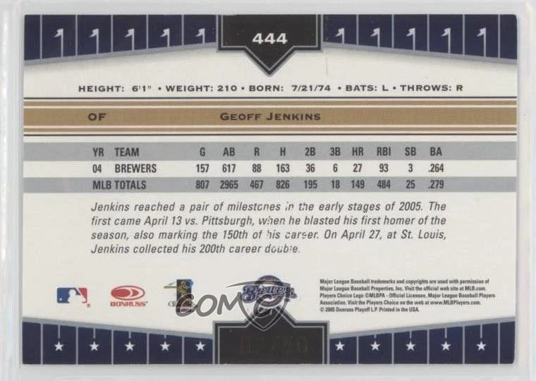 2005 Donruss Champions Gold Impressions /50 Geoff Jenkins #444 - Image 2 of 2