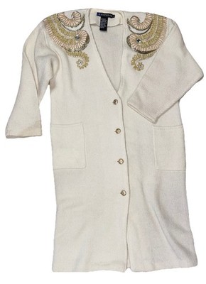 Vintage IB Diffusion Beaded Wool Mohair Duster Long Cardigan Ivory Gold Womens L