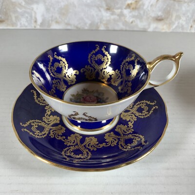 Aynsley English Bone China Cobalt Blue Gold Bouquet Tea Cup/Saucer Signed