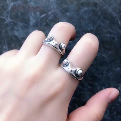 S925 Sterling Silver Adjustable Open Ring - Frog Prince Carving With Natural Stone - View #2