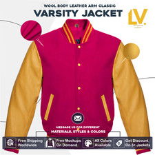 Varsity Letterman Jacket For Men Women & Kids Hot Pink Wool Body Gold Sleeves