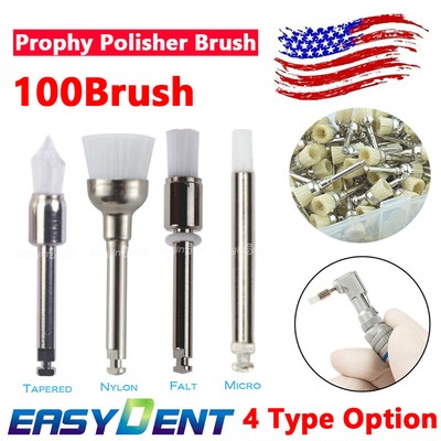 100Pcs Dental Polisher Prophy Brush White Nylon Mane Cup Tapered Flat Polishing 