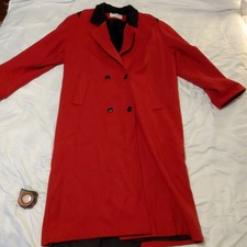 Vintage Maggie Lawrence Long Red Wool Coat, Leather Shoulders 45" Long
