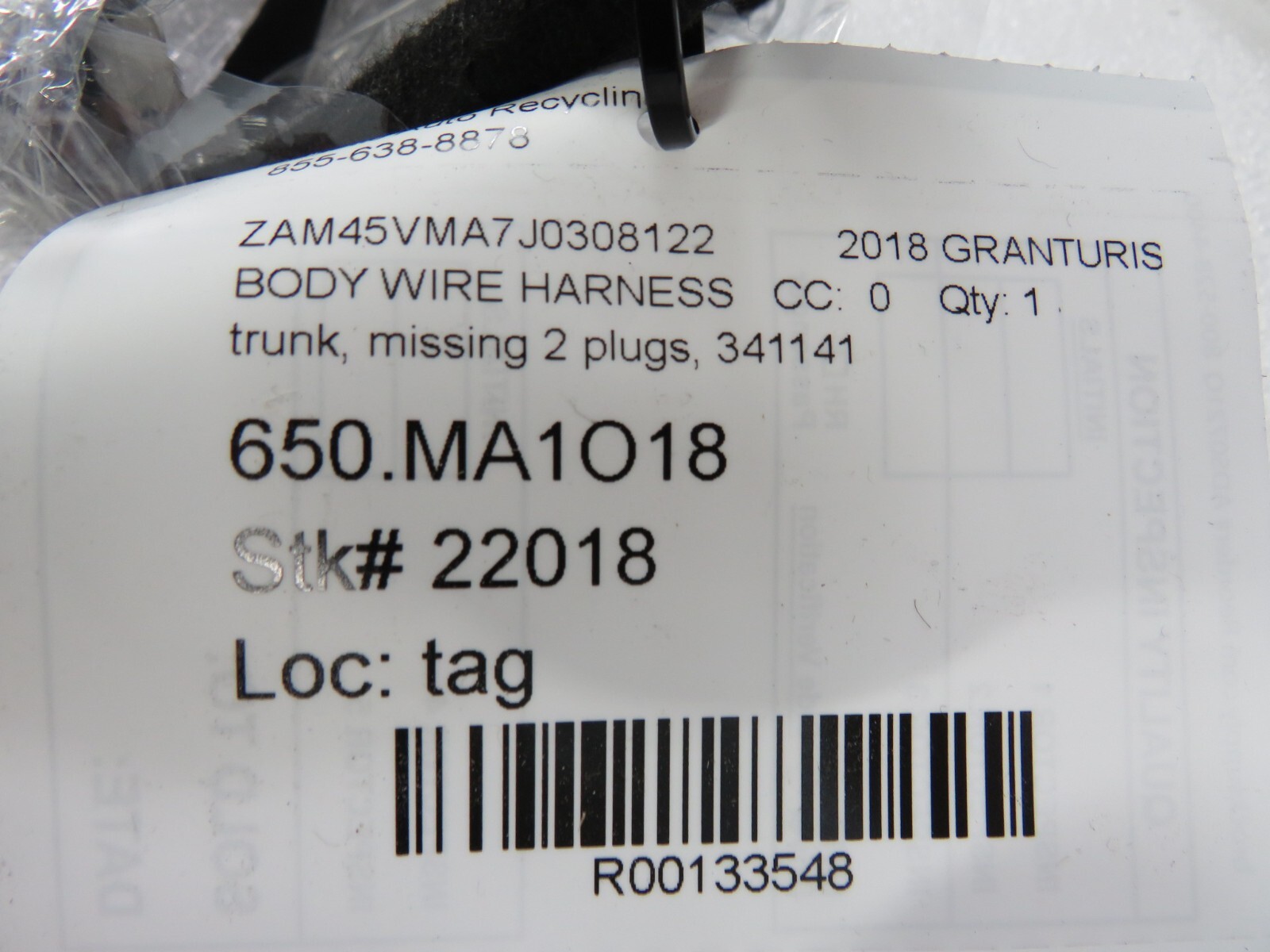 Maserati Granturismo, Trunk Wire Harness, Missing Plugs, Used, P/N 341141