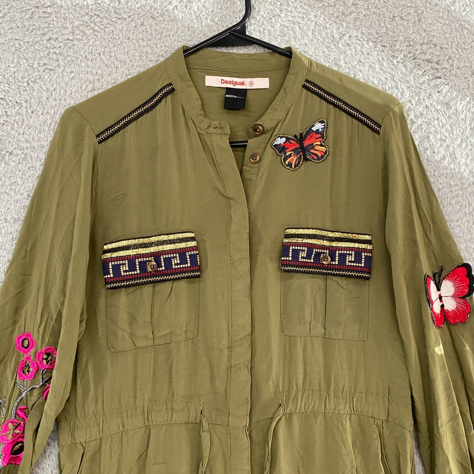 VETEMENTS Desigual Dress Womens 38 Small Utility Military Embroidered Alabanza Artsy