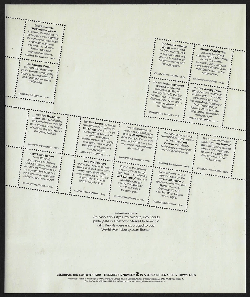US Stamps, 10 Full Sheets, Celebrate the Century 1900s-1990s, #3182-3192 MNH - Image 4 of 4