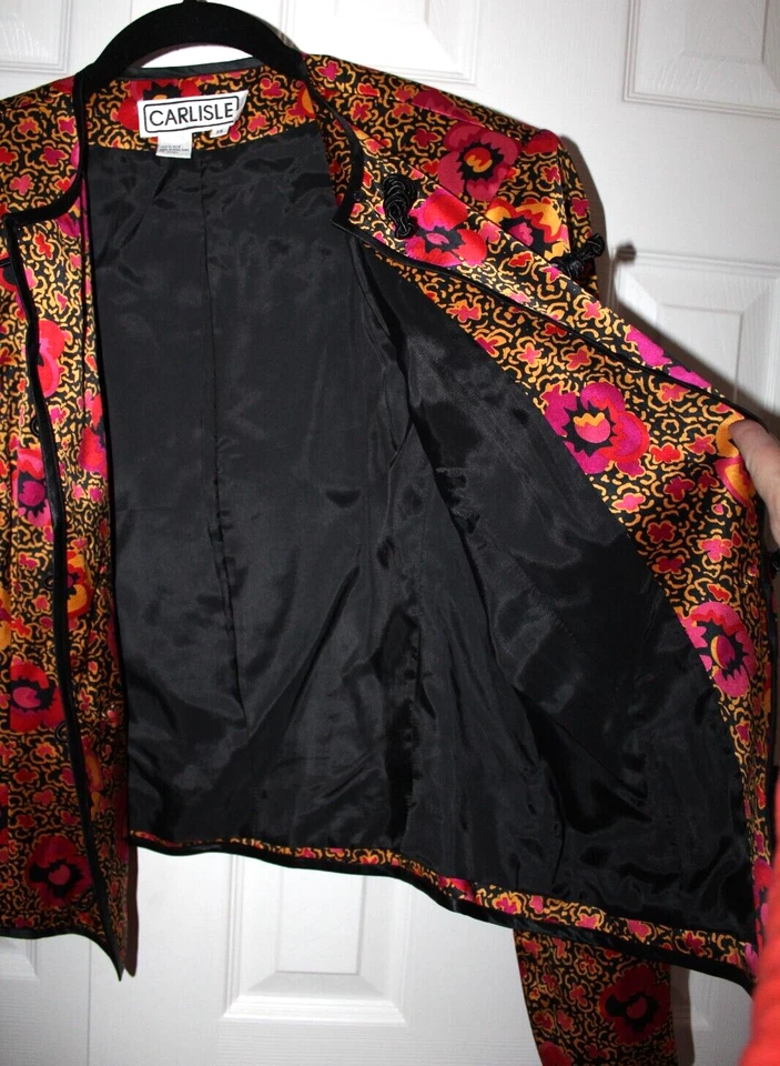 Conjunto Blazer Traje Falda Vintage Carlisle 100% Seda Floral Negro Dorado Rosa Talla 14 Foto 4 de 4