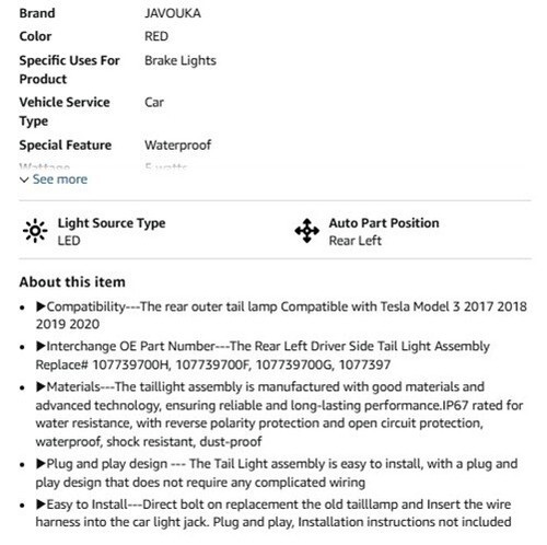 2017-2020 FOR TESLA 3 REAR LH OUTSIDE 3 PIN TAILLIGHT ASSEMBLY - JAVOUKA - Picture 7 of 7