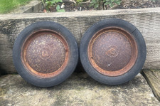 2 Vintage Industrial Cast Iron Wheels & Solid Rubber Tyres Trolley Cart Wheel