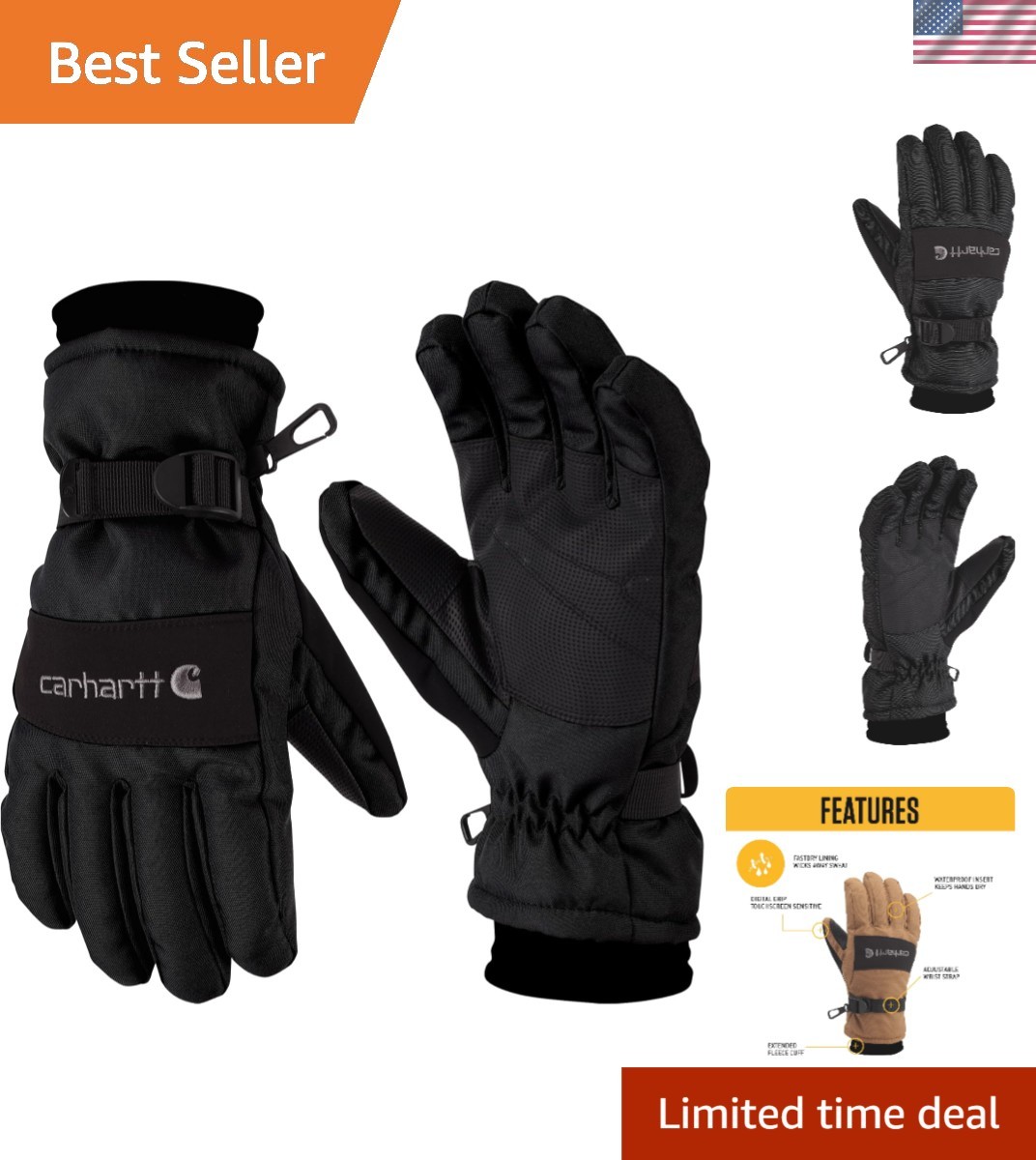 Men's Waterproof Insulated Knit Cuff Gloves with Digital Gri