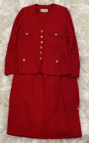 ST JOHN COLLECTION VINTAGE RED Santana KNIT CARDIGAN SKIRT SUIT size 12