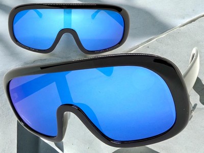Übergröße Übertrieben Moderne Retro Shield Sonnenbrille Groß Schwarz Blau Glas