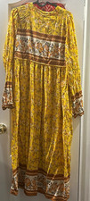 Yellow Floral Boho Cotton Woven Ruffle V-Neck Bell Sleeve Midi Dress L