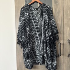 Free People Southwestern Kimono Cardigan Open Front Fringe Black White Womens XS