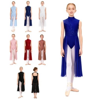 Kids Girls Dresses Ballet Dancewear Figure Ice Skating Leotard Dance Mock Neck