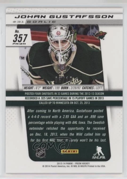 2013-14 Panini Rookie Anthology Update Gold Prizm /10 Johan Gustafsson #357 RC - Image 2 of 2