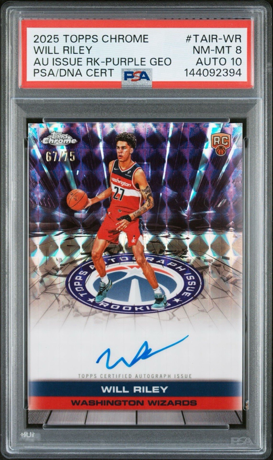 2025-26 TOPPS CHROME AUTOGRAPH ISSUE ROOKIES /75 PURPLE GEOMETRIC WILL RILEY PSA