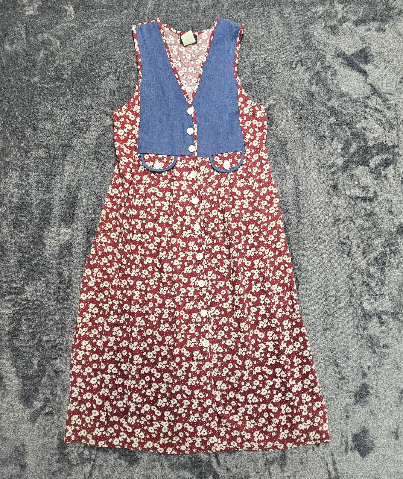 Vintage Denim Red Ditsy Floral Dress Long XS / S Tie Back Cottagecore Made USA
