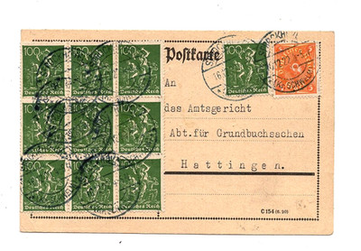 INFLA POSTKARTE 1922 MIT 11  BRIEFMARKEN SROCKHÖVEL NACH HATTINGEN