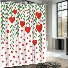 Red Heart Shower Curtain with Green Leaves for Bathroom Decor