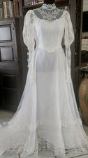 70s Edwardian Style Hi-Neck Puff Sleeve Ruffled Tiered Lace Hem Wedding Dress XS