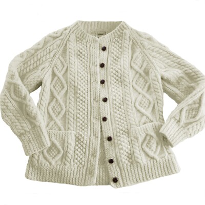 VTG Kennedy Of Ardara Ireland SZ PXS Ivory 100% Wool Cable Popcorn Knit  Cardigan