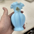 Vintage Fenton Satin Ruffled Blue Glass Melon Vase Approx. 5.5" - BN