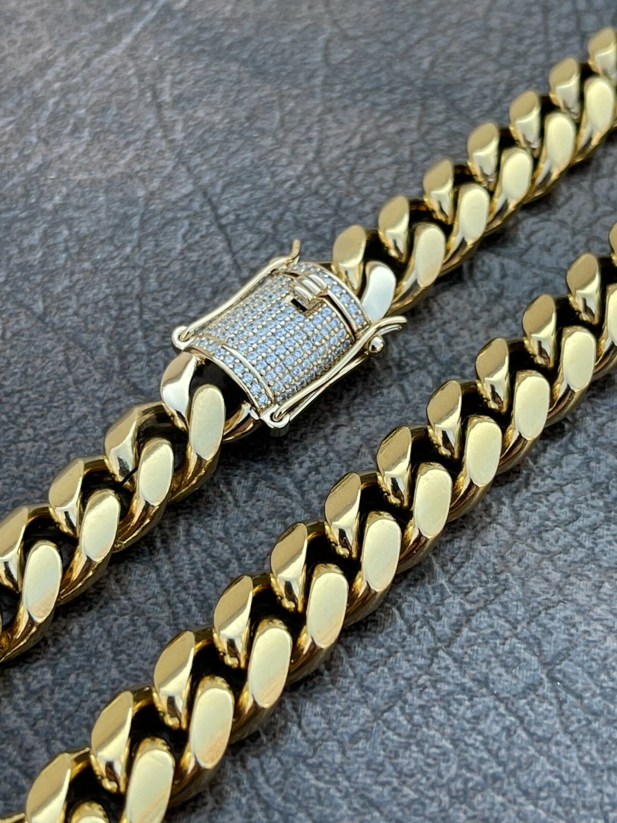 Men s Miami Cuban Link Chain Real 14k Gold Over Stainless Hip Hop Diamond Lock