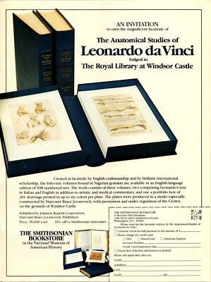 Smithsonian Bookstore Leonardo da Vinci Anatomical Studies Original VTG Print Ad