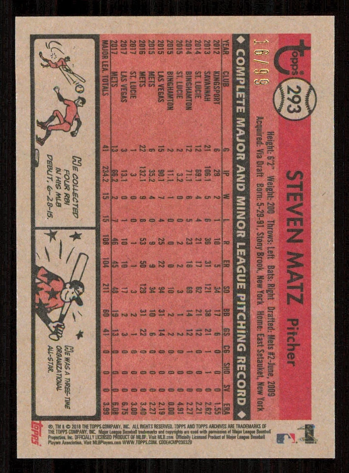 2018 Topps Archives Silver #293 Steven Matz /99 - Image 2 of 2